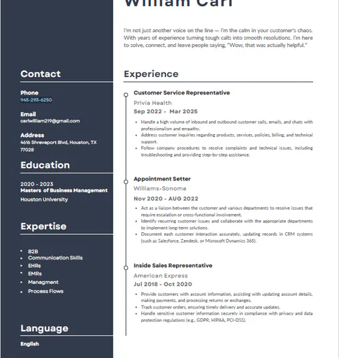 William C. — Mid-Level Customer Service Specialist from United States